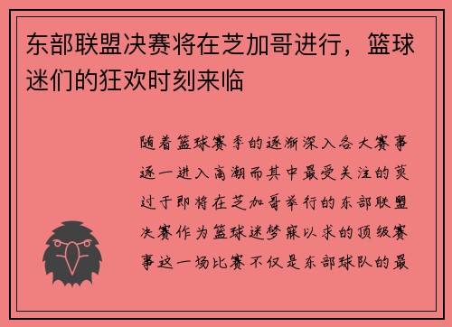 东部联盟决赛将在芝加哥进行，篮球迷们的狂欢时刻来临