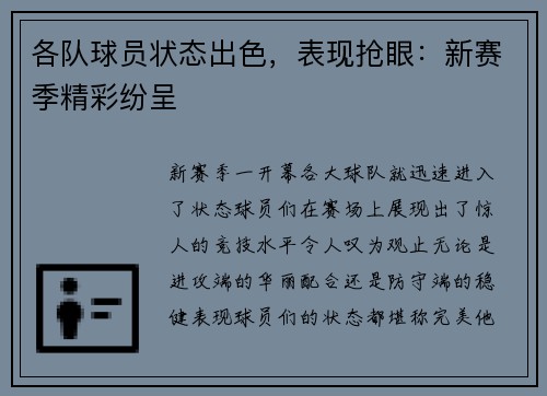 各队球员状态出色，表现抢眼：新赛季精彩纷呈