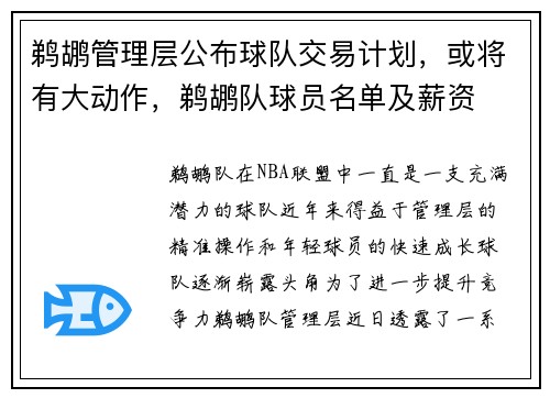 鹈鹕管理层公布球队交易计划，或将有大动作，鹈鹕队球员名单及薪资