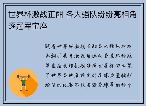 世界杯激战正酣 各大强队纷纷亮相角逐冠军宝座