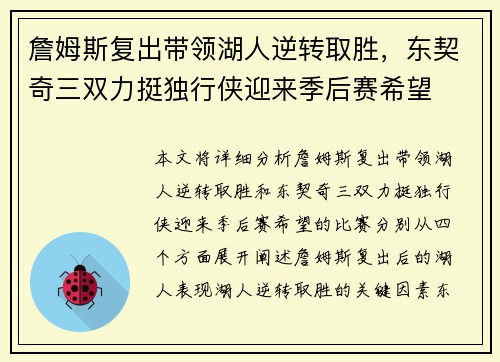 詹姆斯复出带领湖人逆转取胜，东契奇三双力挺独行侠迎来季后赛希望