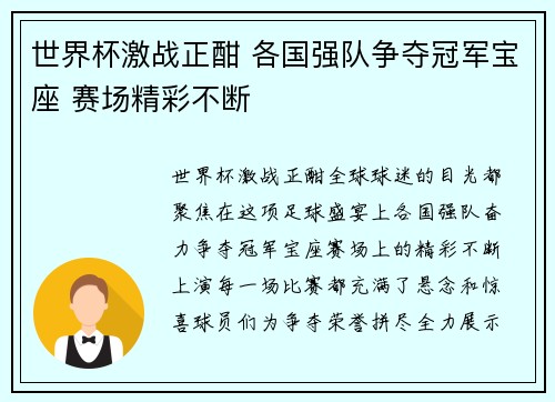 世界杯激战正酣 各国强队争夺冠军宝座 赛场精彩不断