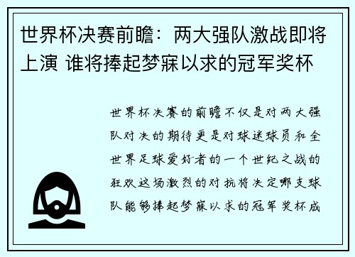 世界杯决赛前瞻：两大强队激战即将上演 谁将捧起梦寐以求的冠军奖杯
